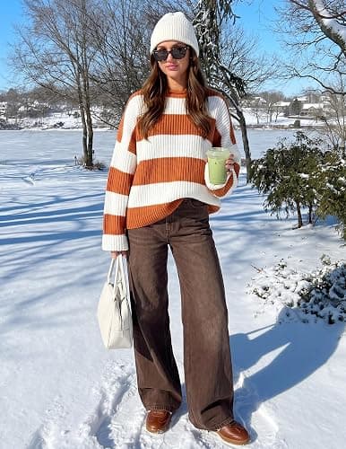 ZESICA Women's 2025 Fall Long Sleeve Oversized Striped Color Block Comfy Loose Crew Neck Knitted Pullover Sweater thumbnail 3