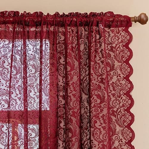 ALIGOGO Burgundy Sheer Curtains 63 Inch Length 2 Panels, Victorian Floral Red Lace Curtains for Bedroom, Embroidered Privacy Rod Pocket Scalloped Burgundy Home Décor, 52W x 63L Inch, Dark Red thumbnail 3