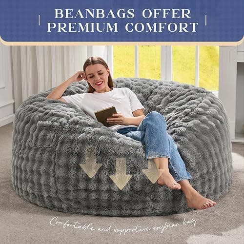 Hobestluk Bean Bag Chairs 5ft Beanbag Chair with Filler Adult Bean Bags with Fluffy & Machine Washable Cover, Giant Bean Bag Chairs for Adults (Grey, 5FT-50" x 50" x 24") thumbnail 6