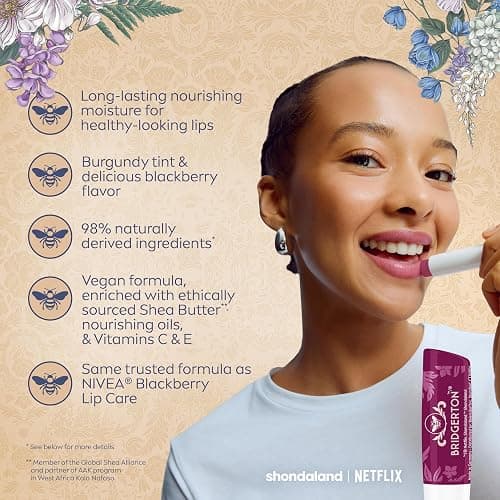 NIVEA Lip Care, Bridgerton Limited Edition Moisturizing Lip Balms with Shea Butter, Blackberry Pie, Peach Tea, Rose Meringue, and Vanilla Biscuit, Four 0.17 Oz Sticks thumbnail 5