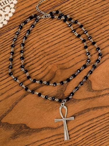Sacina Layered Black Ankh Cross Choker, Beaded Choker, Gothic Emo Punk Grunge Necklace, Goth Jewelry, Halloween Christmas Jewelry Gift for Women thumbnail 6