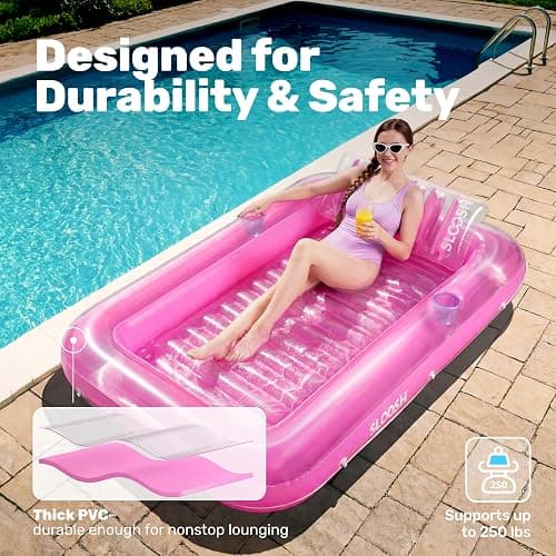 SLOOSH Inflatable Tanning Pool Lounger Float, 70" x 46" Pool Floats Adult with Pillow, 4 in 1 Suntan Tub Raft Floatie,Sunbathing Bed Lounge for Water Blow Up Kids Ball Pit Party Gifts, L-Pink thumbnail 5