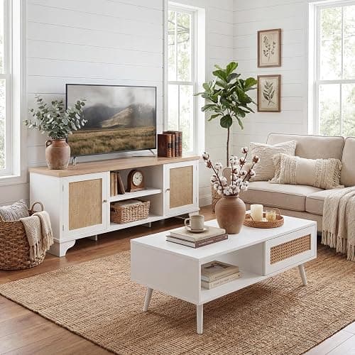 IDEALHOUSE 2 Piece Living Room Set, 62" TV Stand Coffee Table, White | Rattan TV stand and matching coffee table provide concealed storage and display space for an organized living room setup thumbnail 3