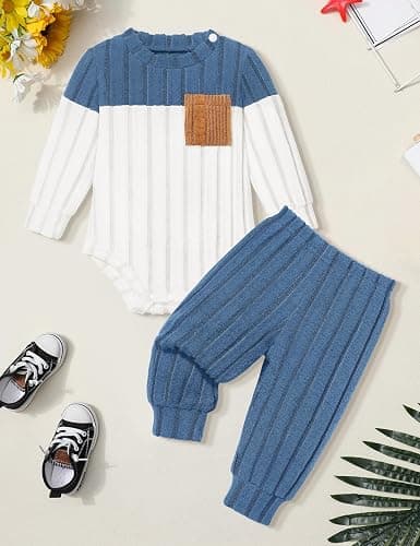 Baby Boy Clothes Color Block Ribbed Knitted Outfits Long Sleeve Romper+ Pants 2PCS Outfit 0-12 Months thumbnail 5