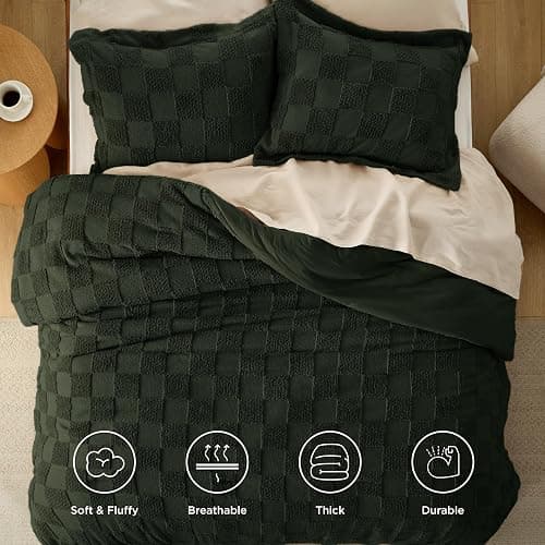 Bedsure King Size Comforter Set Dark Olive Green, Boho Tufted Bed Set, Checkered Farmhouse Shabby Chic Bedding, 3 Pieces, 1 Plaid Geometric Comforter and 2 Pillow Shams thumbnail 4