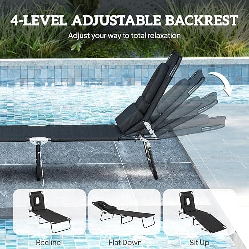 Outsunny Folding Chaise Lounge Chair, Reclining Beach Tanning Chair with Face Hole, Pillow, 4-Position Adjustable Lay Flat Sun Lounger, Steel Frame for Outdoor Patio Pool, Black thumbnail 5
