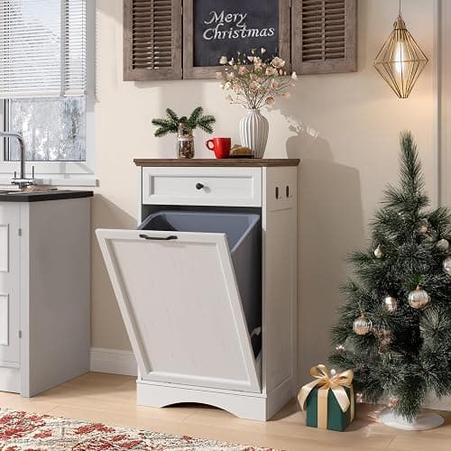 NEWOWNDS Tilt Out Trash Can Cabinet 13 Gallon Hidden Trash Garbage Can Cabinet with Drawer,Waterproof Cutting Board,Pet Proof Hidden Garbage,Laundry Bathroom, White - Image 1