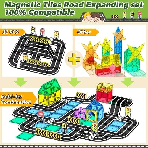 Goodtiles Magnetic Tiles Road Expansion Set, STEM Magnetic Building Blocks for Kids Ages 3-5 4-8 5-7, Preschool Learning Sensory Kids Toys for Toddler Birthday thumbnail 5