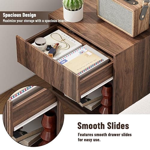 Fluted Nightstands Set of 2, Modern Bedside Table with Storage Drawer and Open Wood Shelf, Wood End Table Mid Century Night Stands for Bedroom Living Room Sofa Couch Office Walnut Brown thumbnail 5