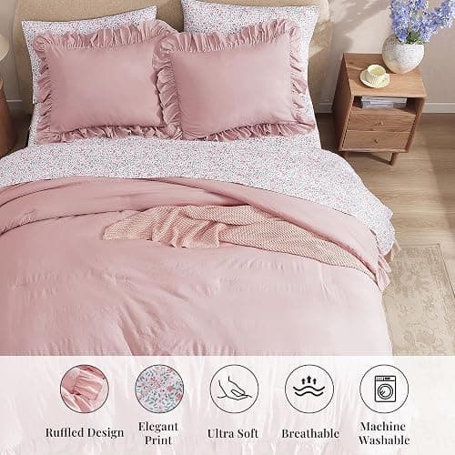 BLOOMHAVEN Twin XL Comforter Set - 5 Pieces Ruffle Soft Pink Bedding Sets, Shabby Chic Farmhouse Bed in a Bag Twin XL with Ruffle Comforter, Floral Sheets, Pillowcases & Shams thumbnail 8