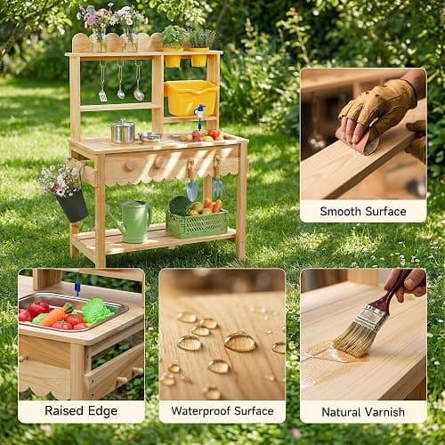 Wooden Mud Kitchen for Kids with Working Faucet and Removable Sink | Outdoor Play Kitchen Set with 10 Accessories, Stainless Steel Cookware & Planter Pots, Kids Play Kitchen for Ages 3+ thumbnail 7