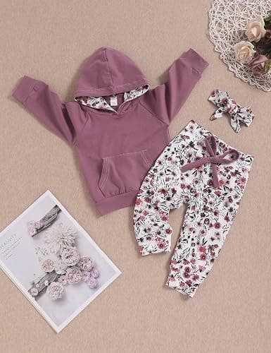 oklady Baby Girl Clothes,Hoodie Tops Floral Pant with Cute Headband Baby Girl Fall Outfits thumbnail 2