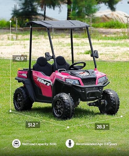 ELEMARA 24V Ride on Toy for Big Kid,Ride on Car 2 Seater w/Sun Shade,Dump Bed & Shovel,4.5MPH,4WD Electric Car for Kids,Battery Car w/Remote,Kids Ride on Truck,3 Speeds,LED Lights,Bluetooth, Hot Pink thumbnail 2