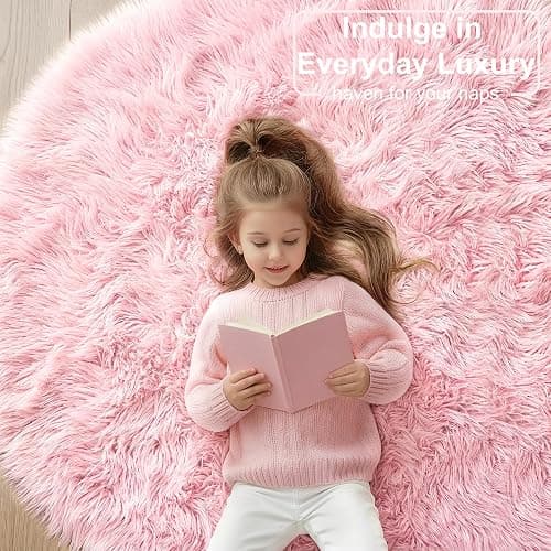 Tappeto rotondo rosa per camera da letto delle ragazze, soffice tappeto circolare 15,2 x 15,2 cm, per camera dei bambini, tappeto peloso circolare a pelo lungo morbido per dormitorio thumbnail 9