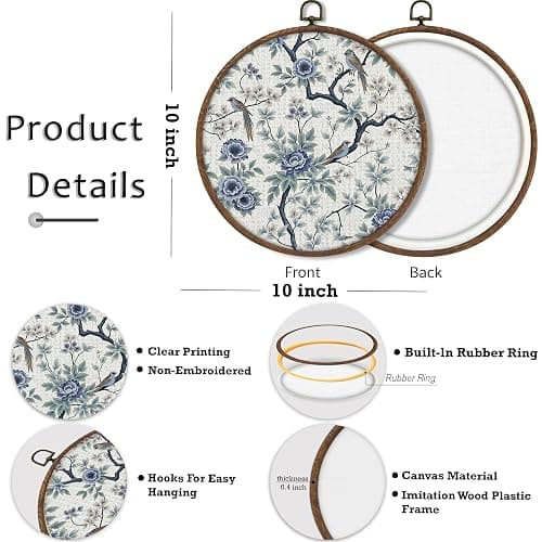 Blue and White Spring Flower Bird Round Framed Wall Art, Embroidered Chinoiserie Floral Decor, Small Gallery Wall Accent for Grandmillennial Style, Blue Wall Hanging for Bedroom Living Room-A09 thumbnail 2