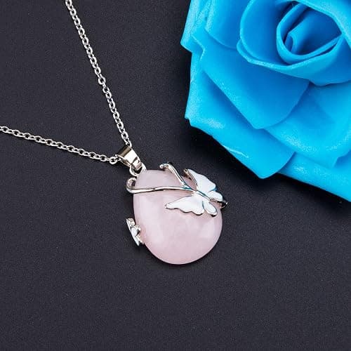 Bivei Crystal Butterfly Necklaces for Women | Rose Quartz Wire Wrap Gemstone Chakra Pendant Gifts Jewelry for Women Men thumbnail 2