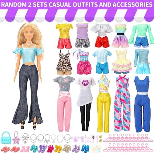 Style Shine 70 Pcs Doll Clothes and Accessories,2 Wedding Gown 6 Fashion Dresses 2 Set Casual Outfits 1 Top 1 Pant Bikini 1 Swimsuit,20 Hanger 10 Shoe 27 Accessories Toys for Girls Kids Birthday Gift thumbnail 5
