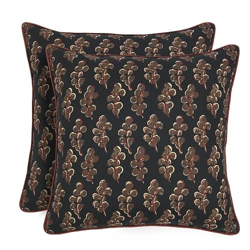 Ridhi Hand Block Print 18x18 Black Decorative Outdoor Couch Throw Canvas Pillow Cover Set of 2 Washable Modern Vintage Boho Chic Spring Home Decor GIFS Cover - Image 1