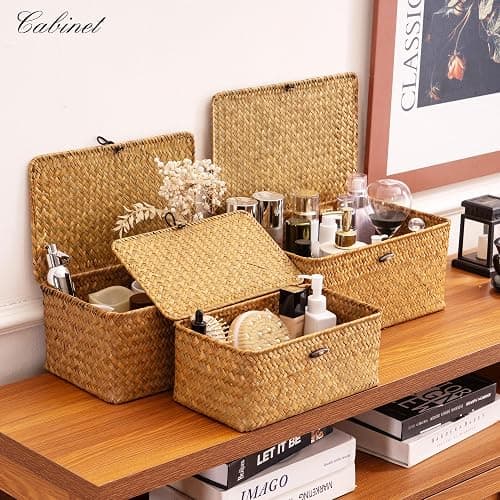 Nonam Storage Basket with Lid, Natural Seagrass Bin with Lid Set of 3, Shelf Baskets Multipurpose Container for Boho Decoration, Rectangular Household Storage Boxes for Home Organization thumbnail 2