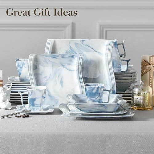 MALACASA Dinnerware Sets for 6, 30 Piece Porcelain Plates and Bowls Sets, Square Dish Set with Dinner Plate and Bowl, Cup and Saucer, Blue Dishes Dinnerware Set, Modern Dishware Sets, Series Flora thumbnail 7