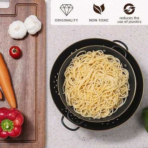 Metal Colander Set of 2, Strainer Basket with Handles perfect for Spaghetti, Pasta, Berry, Vegetable, Fruit, Solid Base Powder Coated Self-draining Kitchen Colander Bowel, 3.5 & 5 Qt, Matte Black thumbnail 4