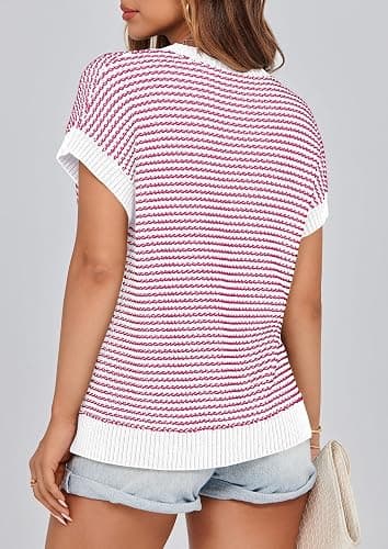 PRETTYGARDEN Womens Short Sleeve Sweater Spring Summer 2026 Round Neck Striped Pullover Cap Sleeve Knit Sweater Vest Tops thumbnail 2