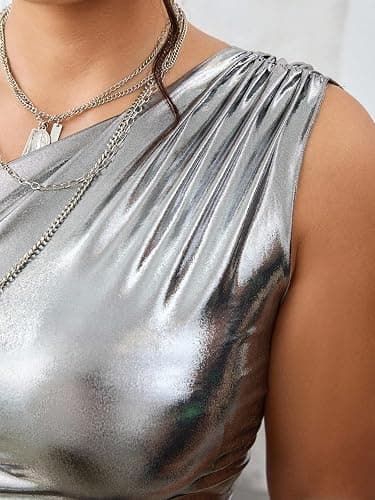 SweatyRocks Women's Plus Size Metallic One Shoulder Tank Top Y2k Sleeveless Ruched Fitted Night Out Tops thumbnail 7