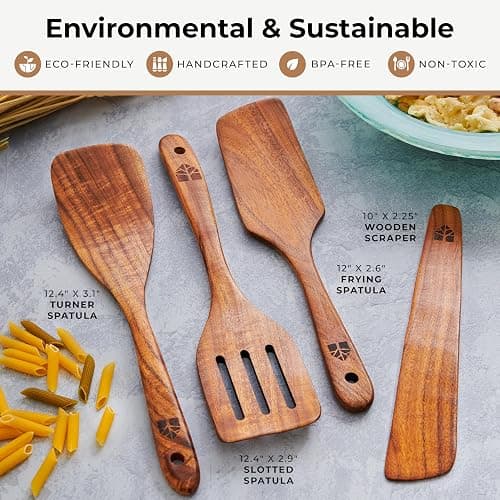 Wooden Spatula for Cooking, Teak Spatulas for Kitchen Use - Wooden Cooking Utensils Set of 4 including Paddle, Turner, Slotted Spurtle and Wood Scraper. Nonstick cookware, Kitchen Gifts for Women Men thumbnail 6
