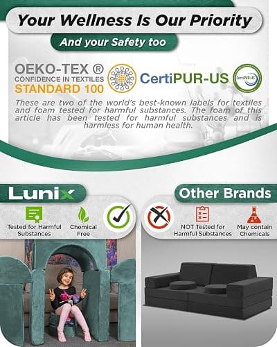 Lunix LX15 14pcs Modular Kids Play Couch, Design-Patent Child Sectional Sofa, Fort-Play Bedroom Playroom Furniture for Toddlers, Convertible Foam, Washable Covers, Oeko-TEX & CertiPUR-US, Sage Teal thumbnail 8