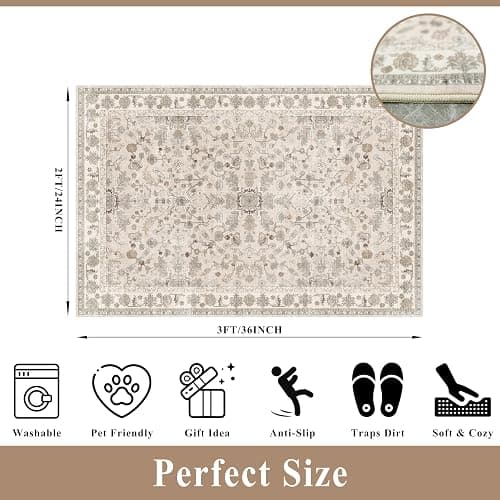 2x3 Non-Slip Washable Kitchen Rug – Boho Small Accent Rug for Sink & Entryway, Soft Low Pile Thin Carpet for Pet Area & Bathroom, Indoor Door Mat (Beige,2x3) thumbnail 2