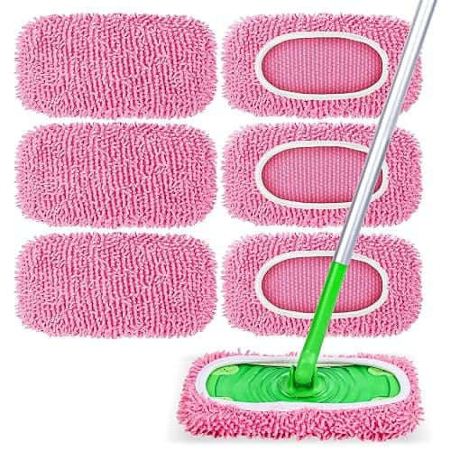 6 Pack Reusable Mop Pads Compatible with Swiffer Sweeper, Pink | Chenille Mop Refill Pads, Dry & Wet Mopping Cloths for Floor Cleaning - Image 1