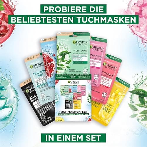 Garnier Tuchmasken Set für jeden Hauttyp, 7 Gesichtsmasken für trockene bis normale Haut, Vegane Formel mit Hyaluronsäure, Hydra Bomb und Nutri Bomb Maskenset, 7 x 28 g thumbnail 2