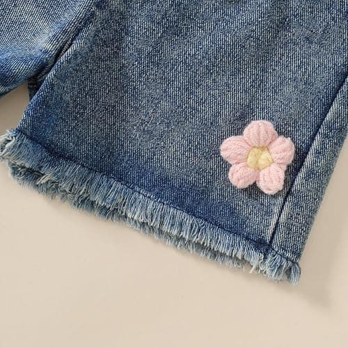Jeinxcn Toddler Baby Girl Summer Clothes Waffle Knit Floral Embroidery Sleeveless Tank Top Jean Shorts 2Pcs Outfit Set thumbnail 8