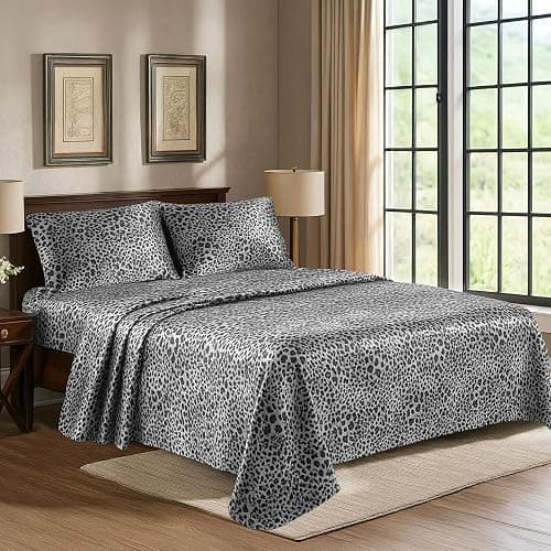 Satin Sheets Queen [4-Piece, Silver Leopard] Hotel Luxury Silky Bed Sheets - Extra Soft 1800 Microfiber Sheet Set, Wrinkle, Fade, Stain Resistant - Deep Pocket Fitted Sheet, Flat Sheet, Pillow Cases | Extra Soft, Hotel Luxury, Silky Bed Sheets, Deep Pocket, Wrinkle, Fade, Fitted Sheet, Flat Sheet, Pillow Cases - Image 1