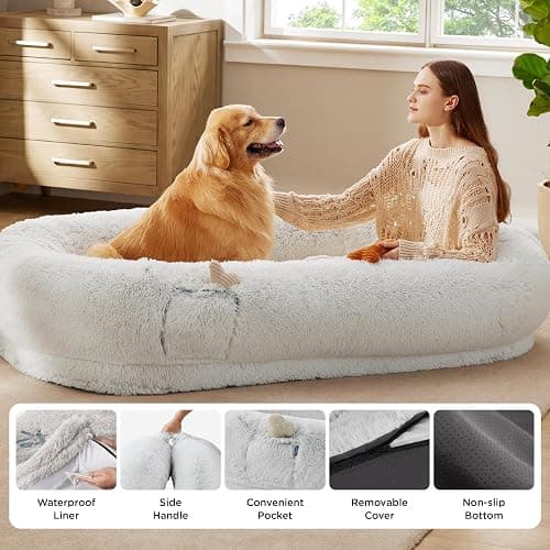 Bedsure Human Dog Bed, 71.0" x 44.0" x 12.0" Calming Giant Human Dog Bed for Adults People Fits Pet Families with Storage Pocket, Fluffy Faux Fur Orthopedic Pet Bean Bed, Frost Grey thumbnail 6