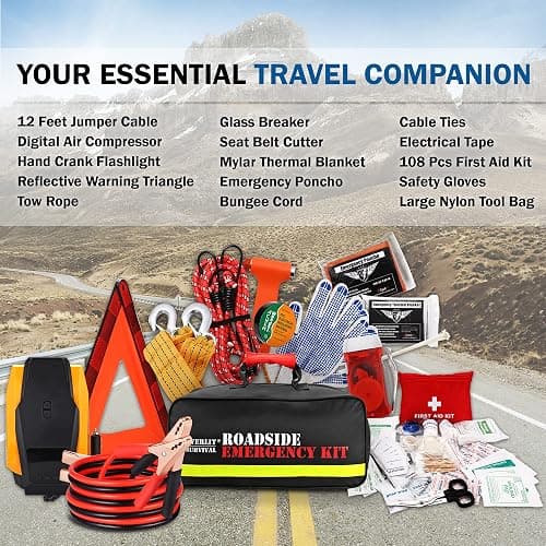 Everlit Survival Car Emergency Kit, Roadside Safety Tool Kit with Gloves,Digital Auto Air Compressor Tire Inflator, First Aid Kit, 12 Feet Jumper Cable, Tow Strap, Flashlight for Women, Men, Teenagers thumbnail 2
