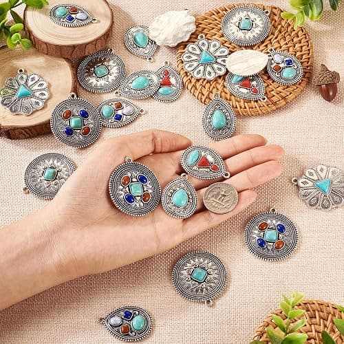 Spritewelry 24Pcs Turquoise Charms Western Charms for Jewelry Making Vintage Antique Silver Pendants Teardrop Flower Flat Round Dangle for Bohemian Necklace Earring Making thumbnail 6