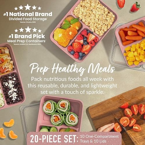 Bentgo Prep - 20-Piece 3-Compartment Reusable Meal Prep Containers with Lids, PFAS & BPA Free Materials, Durable, Microwave, Freezer, & Dishwasher Safe To Go Food Storage (Rosette Glitter) thumbnail 3