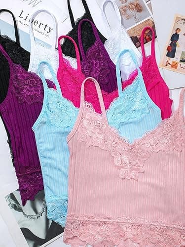 6 Pack Fairy Grunge Y2K Tops, Lace Patchwork Crop Tops Ribbed Knitted Cropped Cami Tank Top Y2K Clothing for Women Girls thumbnail 6