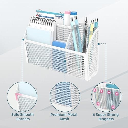 DALTACK Magnetic Pencil Holder Magnetic Shelf for the Whiteboard 3-Grid Mesh Magnetic Pen Holder for Refrigerator Magnetic Organizer Locker Accessories Organizer for Home, School and Office, White thumbnail 4