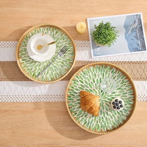 Round Rattan Tray with Mother of Pearl Inlay, Rattan Serving Tray with Wooden Base, Decorative Wicker Basket for Table Decor, Storage and Display of Coffee Bread Food Fruit (Leaf 13.5") thumbnail 2
