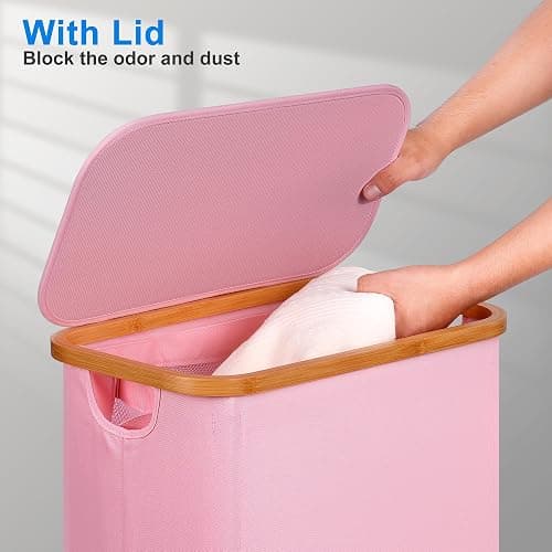 efluky Slim Laundry Basket with Lid, Narrow Laundry Hamper with Removable Bag, Skinny Dirty Clothes Basket with Bamboo Handles for Bathroom, Bedroom & Laundry Room, 75L Pink thumbnail 5