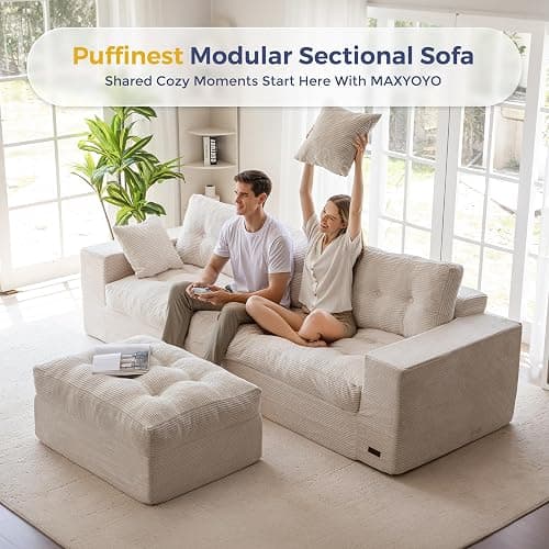 MAXYOYO 104" L Shaped Modular Sectional Sofa with Ottoman, Cloud Boneless Couch with Layered Cushion, Upholstered Sofa in a Box, Flexible Module Combination for Living Room, No Assembly, Beige thumbnail 3