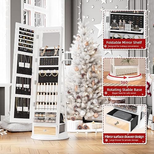 TJYGO Mirror Jewelry Cabinet Standing, 360° Swivel Jewelry Armoire with Drawer LED Lights, Lockable Jewelry Organizer with Storage Shelves thumbnail 6