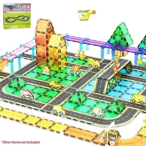 PicassoTiles Magnet Tile Car Track Adventure Theme Printed Street Road Runway Speedway Highway Magnetic Building Tiles Block Construction Pretend Play Playset STEM Education Learning Kit Kids 3+ PTE16 - Image 1