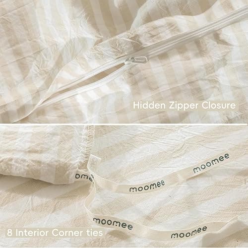 MooMee Striped Duvet Cover Set 100% Washed Cotton Linen Like Textured Breathable Durable Soft Comfy (Almond Milk Grey Classic Stripes, Queen 90"x90") thumbnail 6