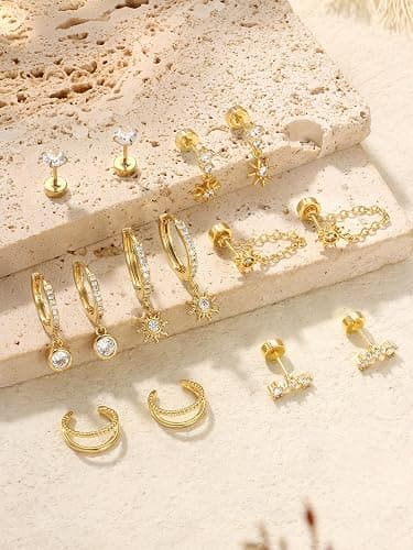 Dochais Flat Back Cartilage Earrings for Women Trendy Dainty CZ Flatback Studs Earing Sets 14k Gold Plated Hypoallergenic Huggie Hoops Earring Stacks for Multiple Piercing thumbnail 6