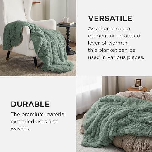 Bedsure GentleSoft Fuzzy Sherpa Faux Fur Twin Blanket Sage Green Cozy Gifts for Women Men, Soft Fleece Plush Warm Minky Thick Blanket Twin Size for Bed, Dorm Essentials Sage Room Decor Gifts, 60x80 thumbnail 7