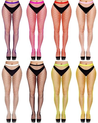Yahenda 8 Pairs Fishnet Stockings for Women Neon High Waist Tights Fishnet Thigh Mesh Pantyhose for Halloween Cosplay Costume - Image 1