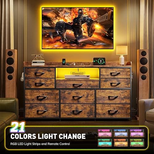Dresser for Bedroom with LED Lights & Charging Station & 4 Hooks 11 Drawer Dressers & Chests of Drawers Long Fabric Dresser TV Stand for 60 inch TV for Entryway 11.8"D x 47.2"W x 31.5"H Rustic Brown thumbnail 4